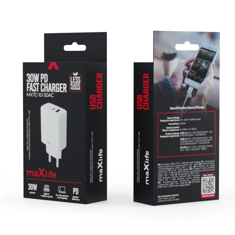 MaXlife Network Charger MXTC-10-30AC, 30W, 3A, 1 x USB-A - 1 x USB-C, White