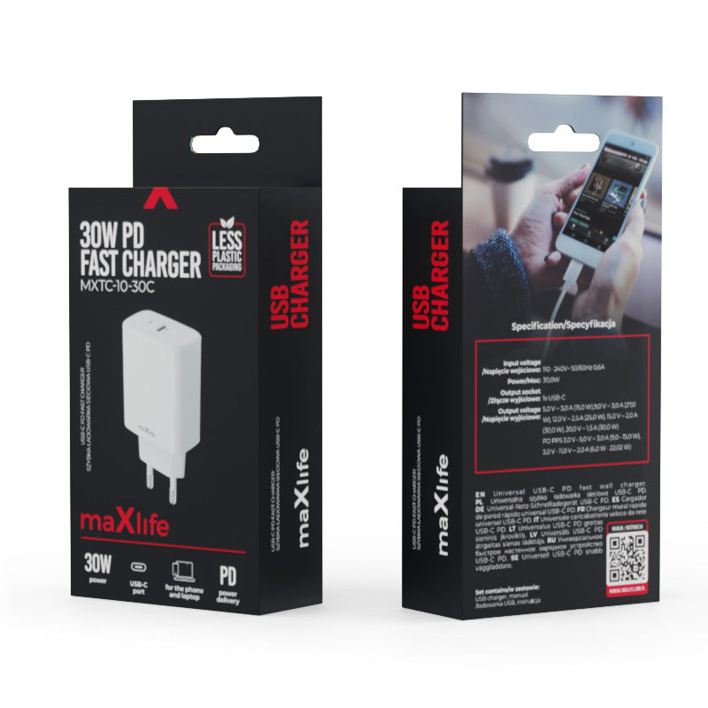 MaXlife Network Charger MXTC-10-30C, 30W, 3A, 1 x USB-C, White