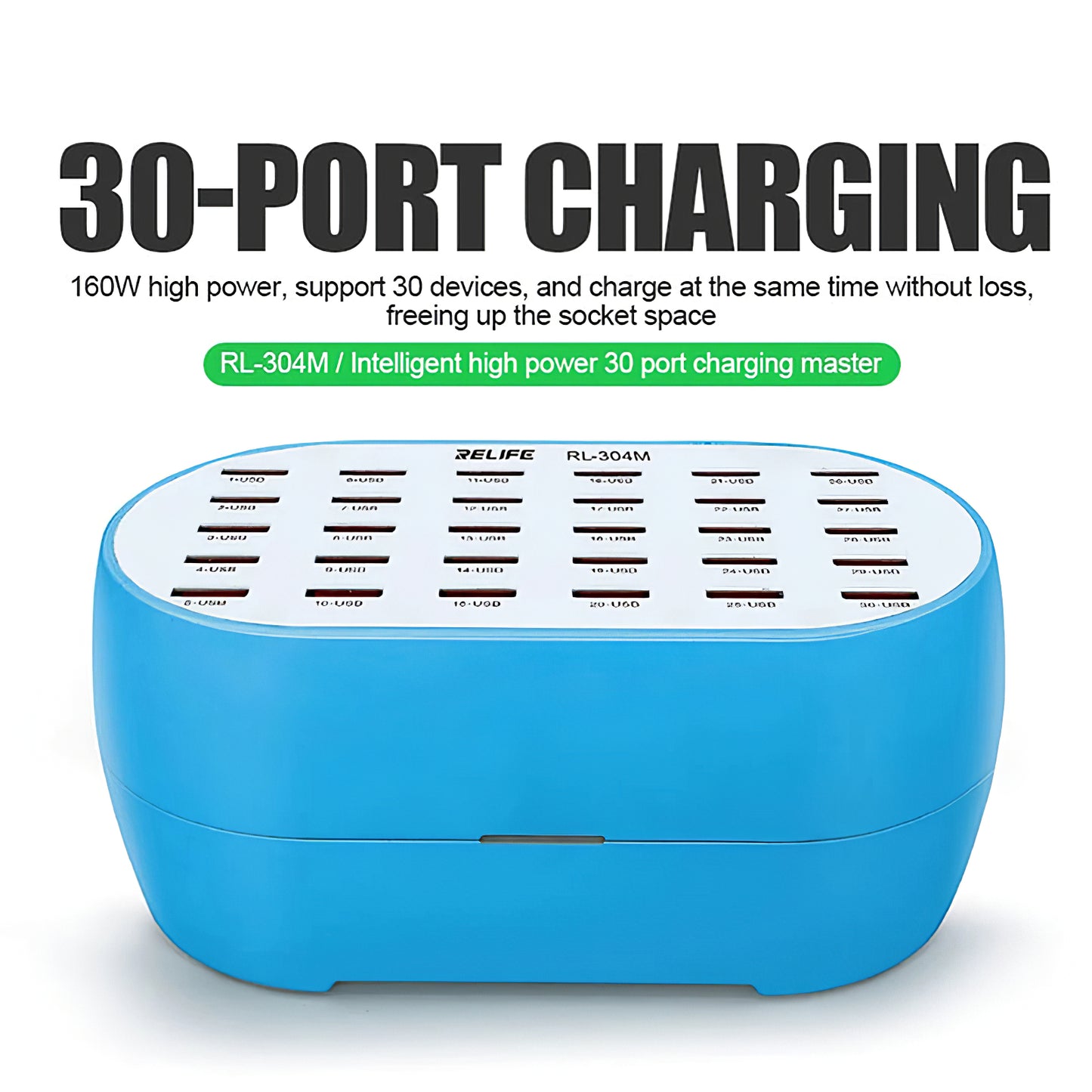 Network Charger Relife RL-304M, 160W, 2.4A, 30 x USB-A, Blue