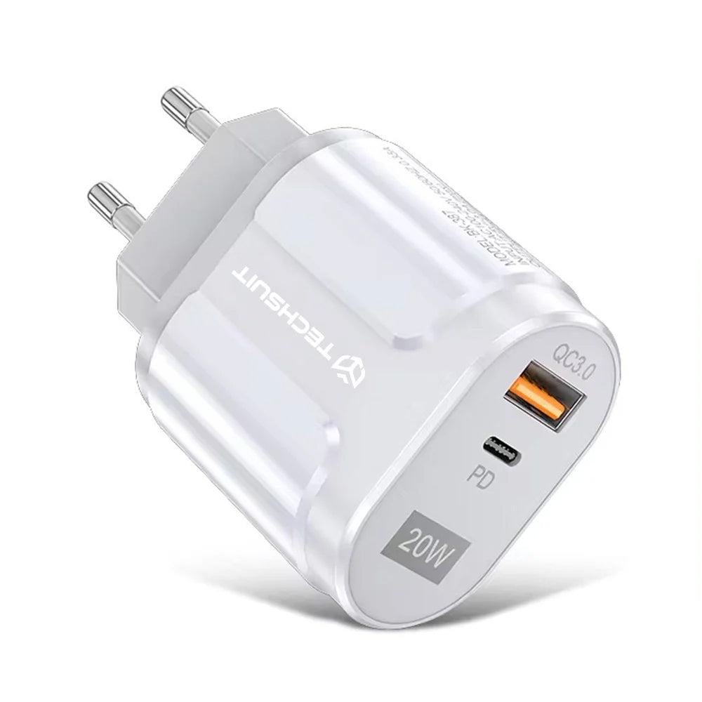 Techsuit Premium Network Charger, 20W, 3A, 1 x USB-A - 1 x USB-C, White