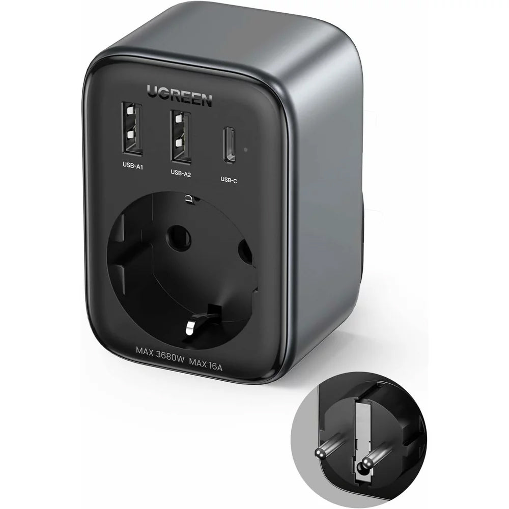 Network Charger UGREEN CD314, 30W, 3A, 2 x USB-A - 1 x USB-C - 1 x Schuko, Black
