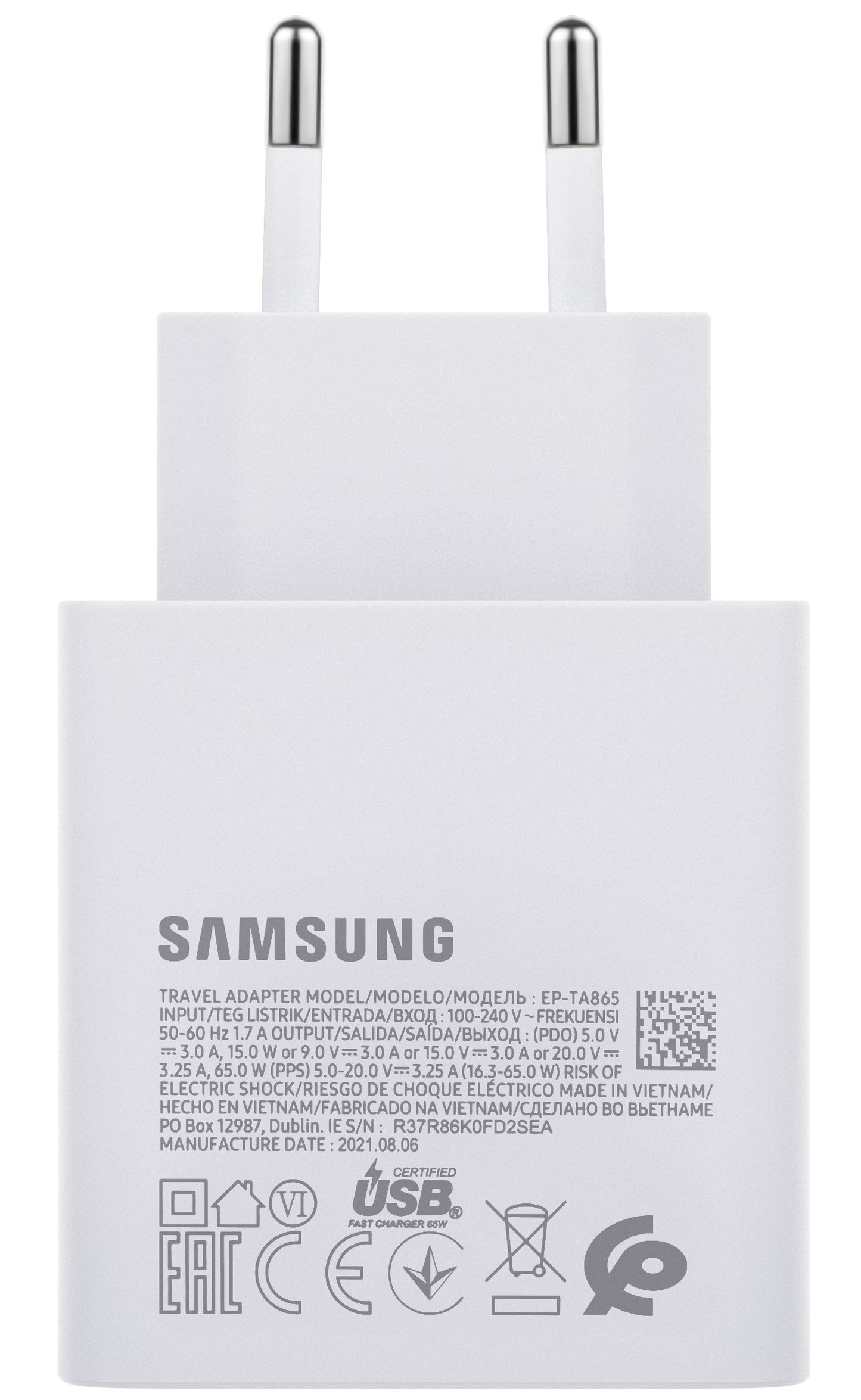 Network Charger Samsung EP-TA865W, 65W, 3.25A, 1 x USB-C, White GP-PTU020SODWQ GP-PTU020SODWQ