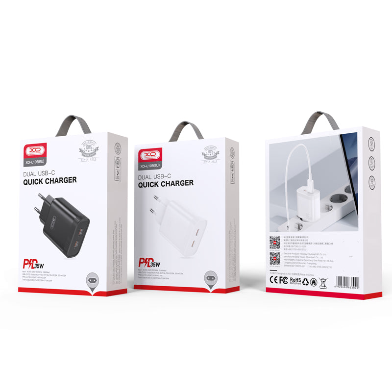 Network Charger XO Design L105, 35W, 3A, 2 x USB-C, White