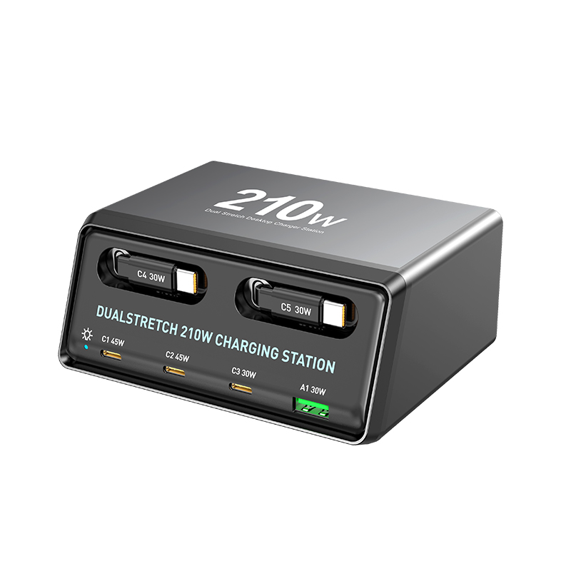 Charging Station with USB-C Cable OEM WLX-60E, 210W, 3A, 1 x USB-A - 3 x USB-C, Gray