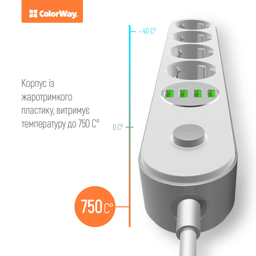 ColorWay Extension Cord, 4 x Schuko - 4 x USB-A, White