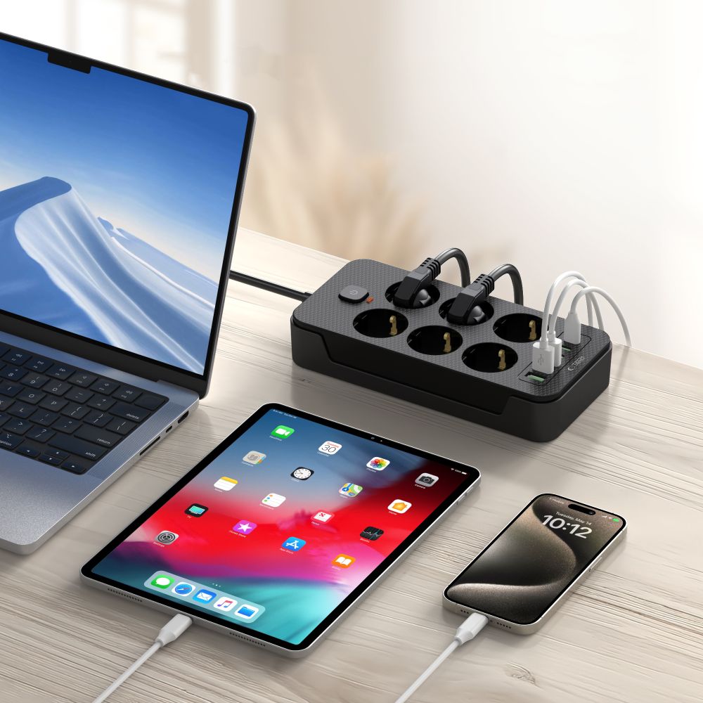 Tech-Protect PC6X6 Extension Cord, 6 x Schuko - 3 x USB-A - 3 x USB-C, Black