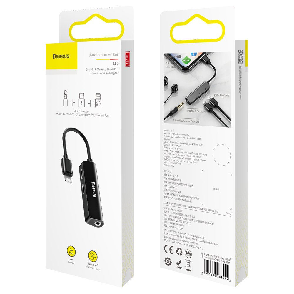 Lightning Audio Adapter - Lightning / 3.5mm Baseus L52, Black CALL52-01