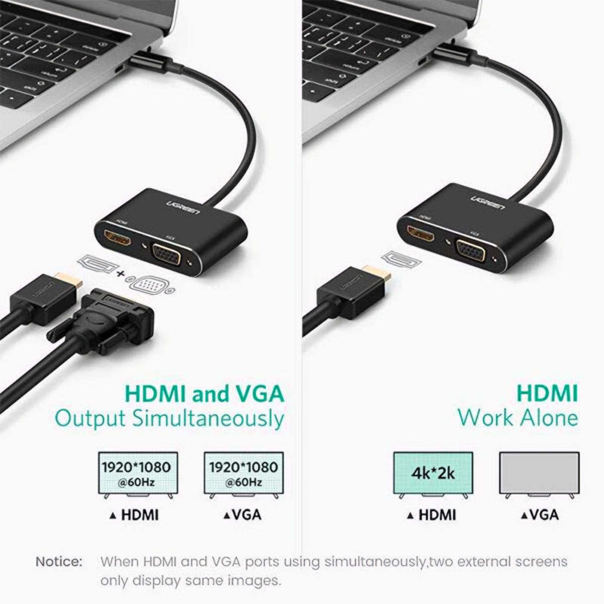 UGREEN CM449 Video Adapter, USB-A - HDMI / VGA, Gray