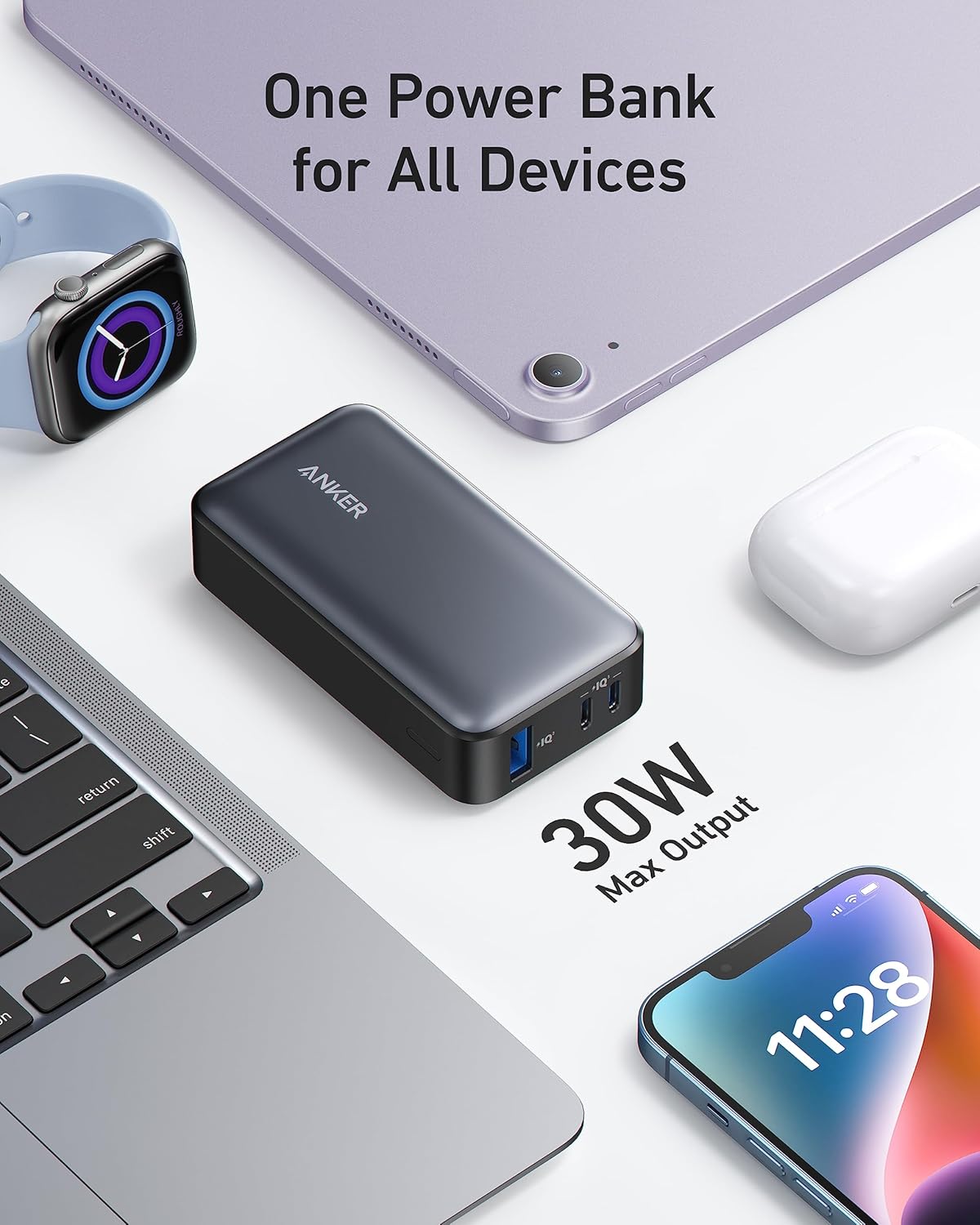 Anker 533 External Battery, 10000mAh, 30W, QC + PD, 1 x USB-A - 2 x USB-C, Black A1256G12