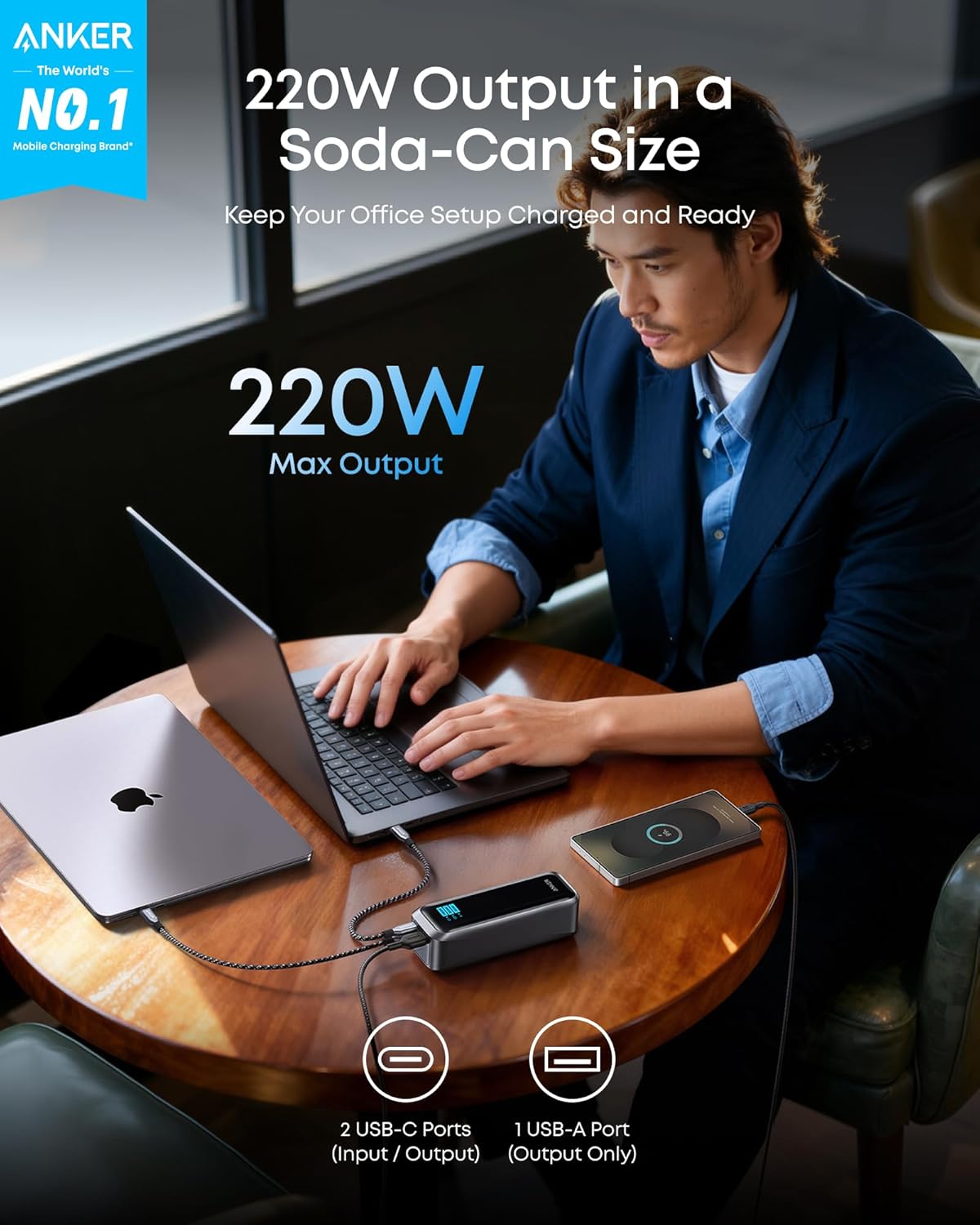 Anker Prime External Battery, 20100mAh, 220W, QC + PD, 1 x USB-A - 2 x USB-C, Black A110BH11