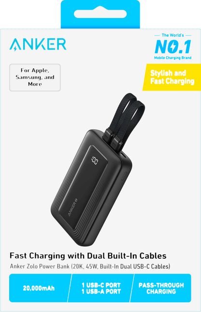 Anker Zolo External Battery, 20000mAh, 45W, QC + PD, 1 x USB-A - 3 x USB-C, Black A1681H12