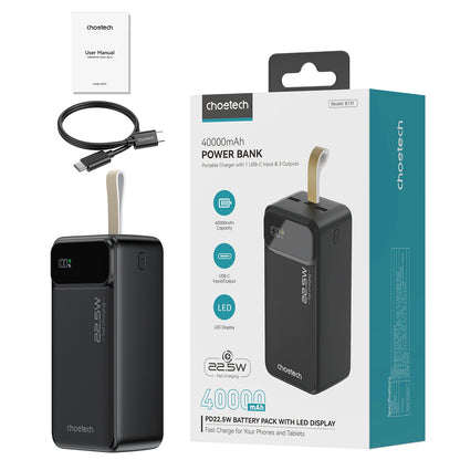 Choetech B731 External Battery, 40000mAh, 22.5W, QC + PD, 1 x USB-C - 2 x USB-A, Black