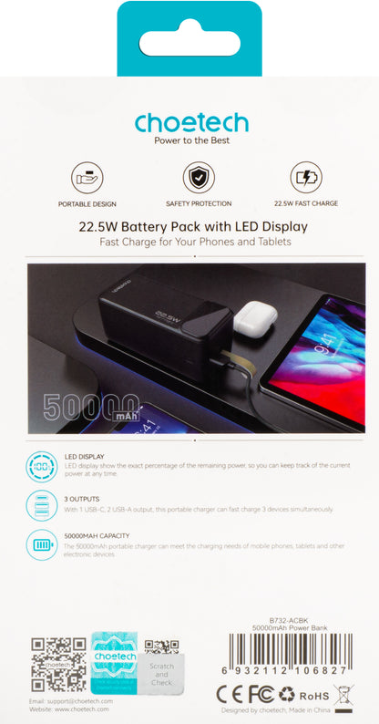 Choetech B732 External Battery, 50000mAh, 22.5W, QC + PD, 1 x USB-C - 2 x USB-A, Black