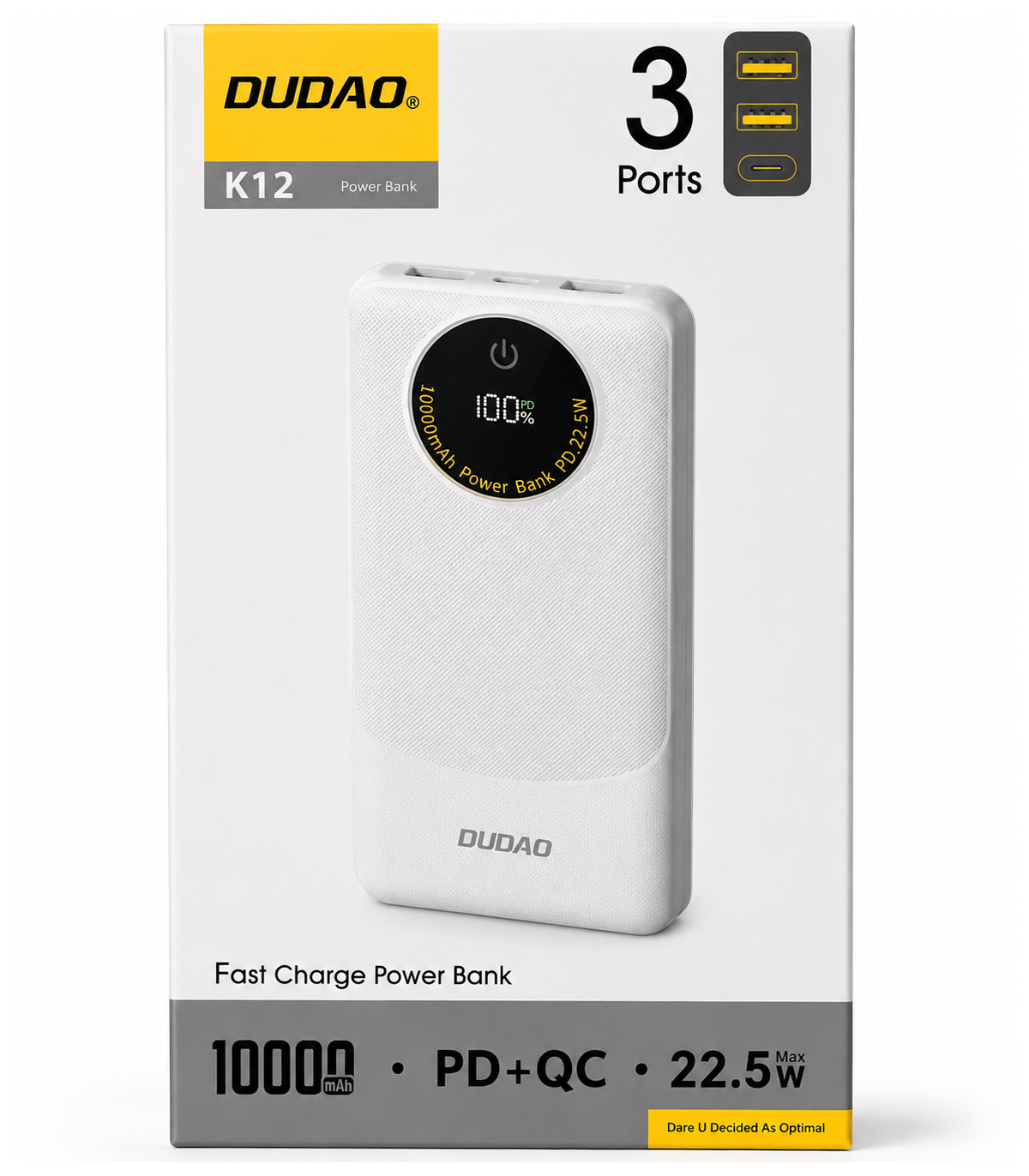 Dudao K12 External Battery, 10000mAh, 22.5W, QC + PD, 1 x USB-C - 2 x USB-A, White