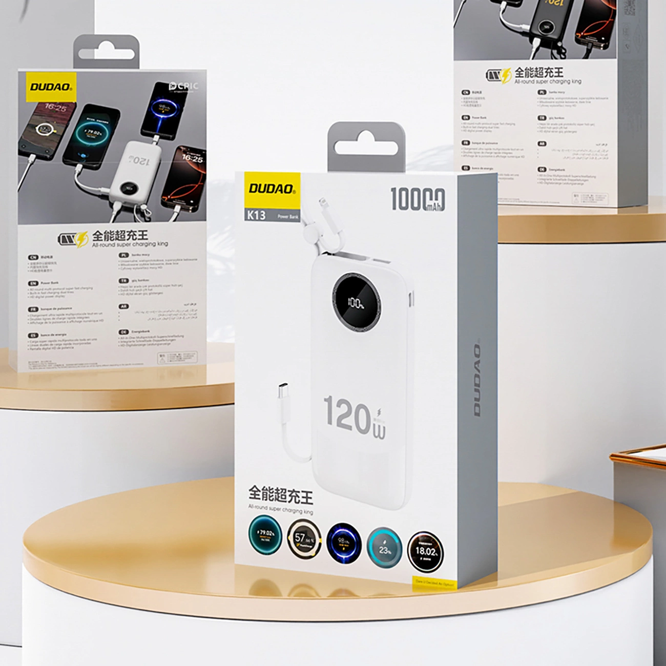 Dudao K13 External Battery, 10000mAh, 120W, QC + PD, 1 x Lightning - 1 x USB-A - 2 x USB-C, White