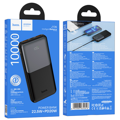 HOCO J136 Power Bank, 10000mAh, 22.5W, QC + PD, 1 x USB-C - 2 x USB-A, Black