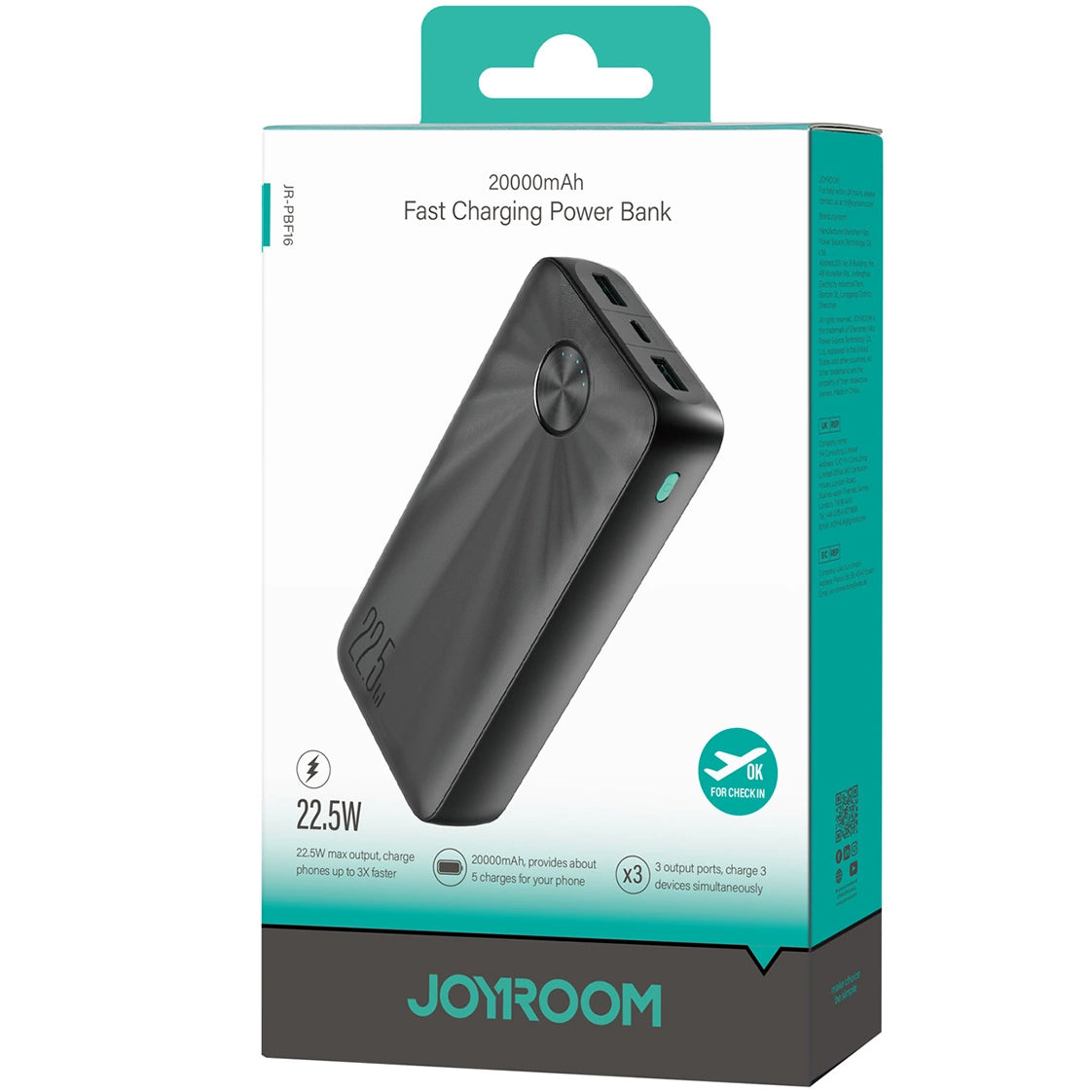 External Battery Joyroom JR-PBF16, 20000mAh, 22.5W, QC + PD, 1 x USB-C - 2 x USB-A, Black