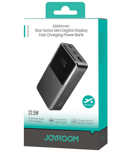 Joyroom JR-QP192 External Battery, 20000mAh, 22.5W, QC + PD, 1 x USB-A - 2 x USB-C, Black