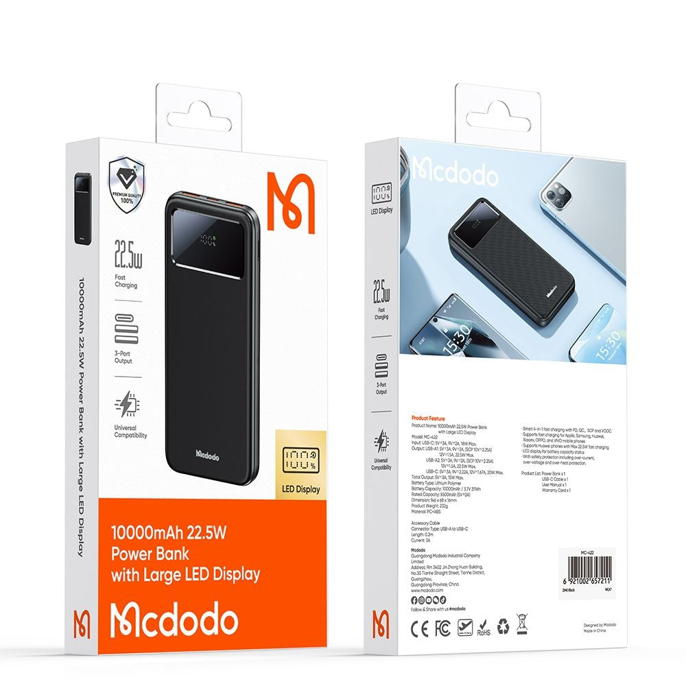 McDodo MC-4220 External Battery, 10000mAh, 22.5W, QC + PD, 2 x USB-A - 1 x USB-C, Black