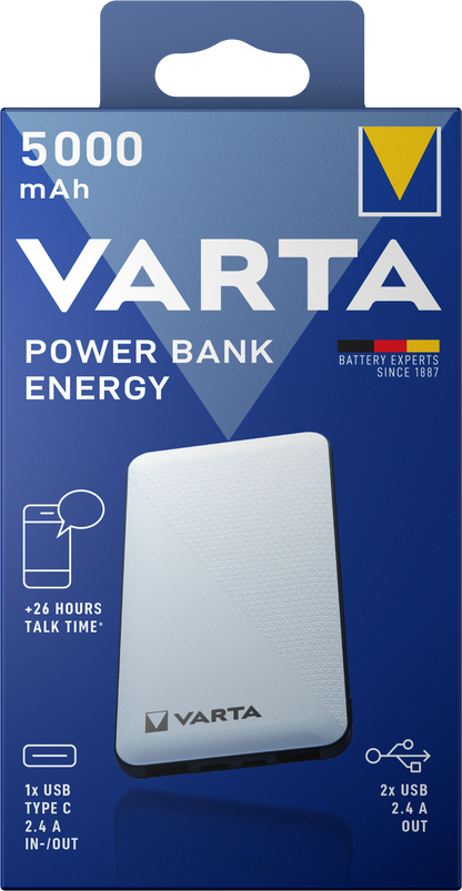 Varta Energy External Battery, 5000mAh, 15W, 2 x USB-A - 1 x USB-C, White