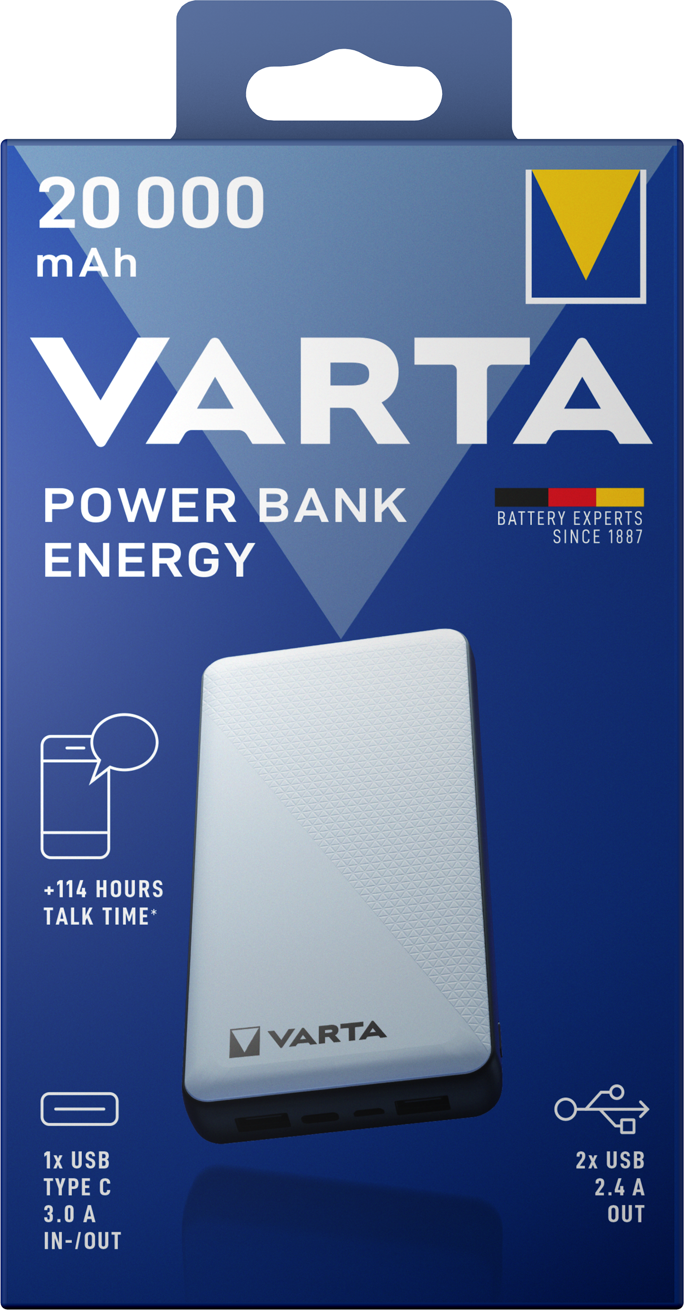 Varta Energy External Battery, 20000mAh, 15W, 2 x USB-A - 1 x USB-C, White