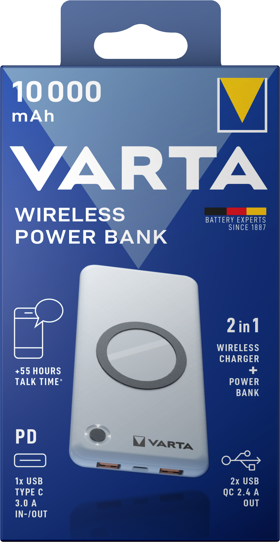 Varta Energy Wireless External Battery, 10000mAh, 18W, QC + PD + FQI, 1 x QI - 1 x USB-C - 2 x USB-A, White