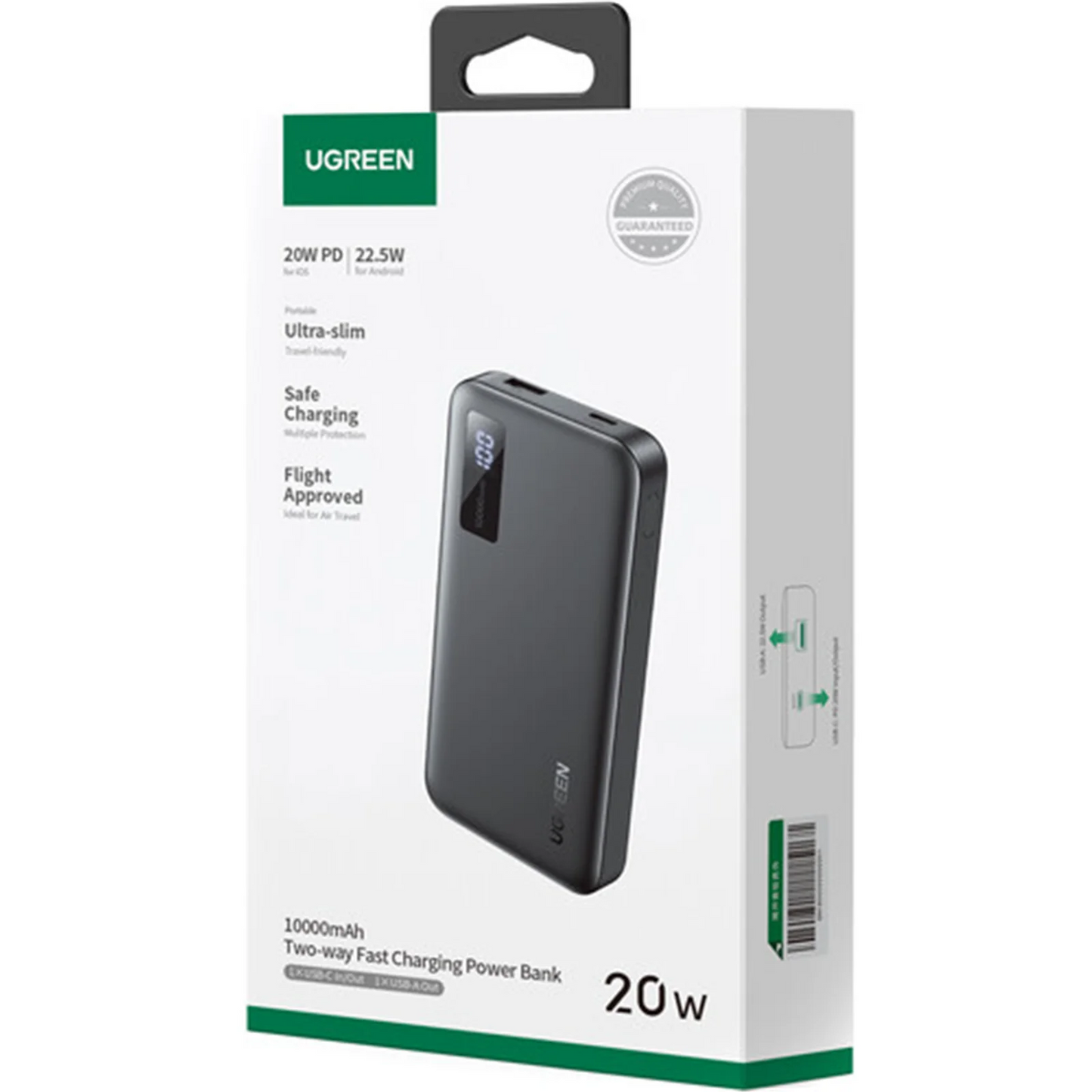 UGREEN PB311 External Battery, 10000mAh, 22.5W, QC + PD, 1 x USB-C - 2 x USB-A, Black