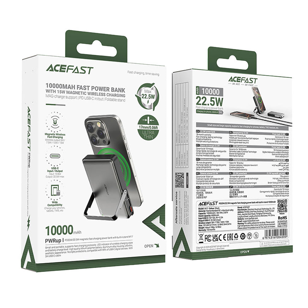 Acefast M17 Wireless External Battery, 10000mAh, 22.5W, PD + FQI, 1 x QI - 1 x USB-C, Black
