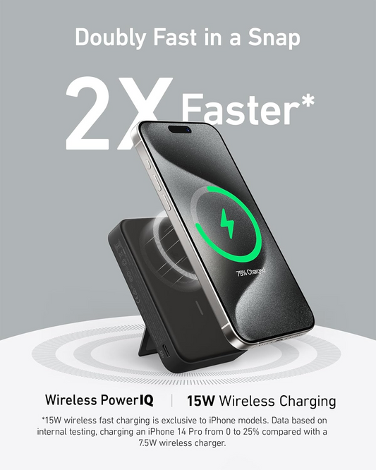 Anker MagGo Wireless External Battery, 10000mAh, 27W, PD + FQI, 1 x QI - 1 x USB-C, Black A1654011