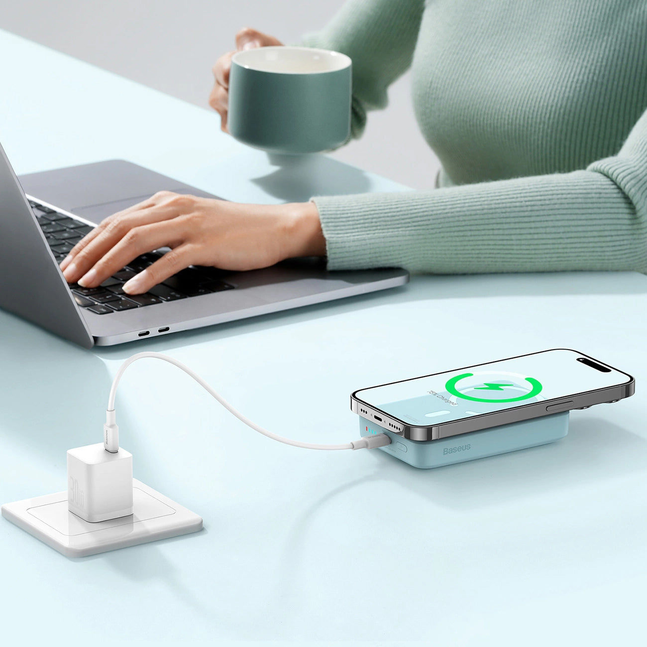 Baseus Magnetic Mini Wireless External Battery, 10000mAh, 30W, PD + FQI, 1 x QI - 1 x USB-C, Blue PPCX110203