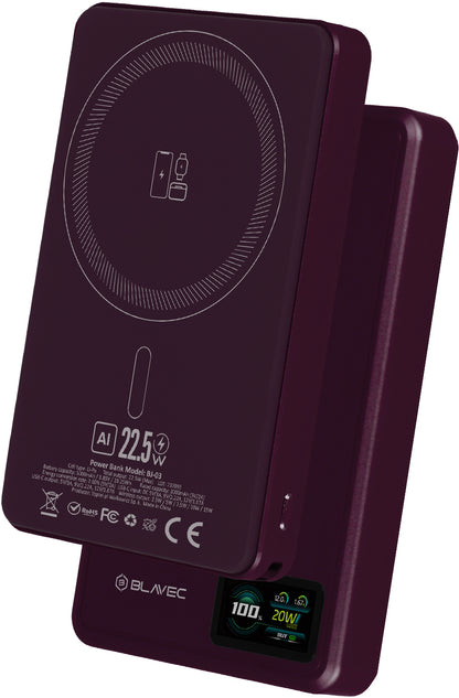 Blavec BJ-03 Slim Wireless Power Bank, 10000mAh, 22.5W, PD + FQI, 1 x QI - 1 x USB-C, Purple