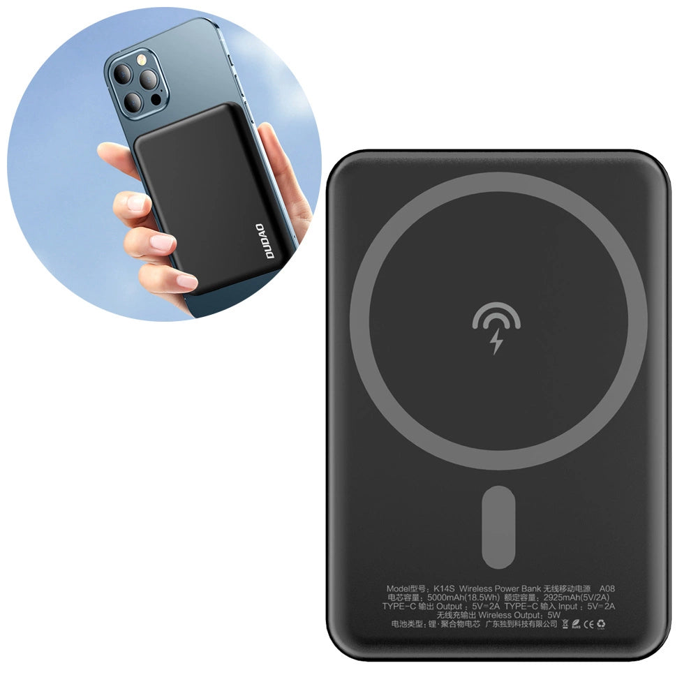 Dudao K14S Wireless External Battery, 5000mAh, 10W, PD + QI, 1 x QI - 1 x USB-C, Black