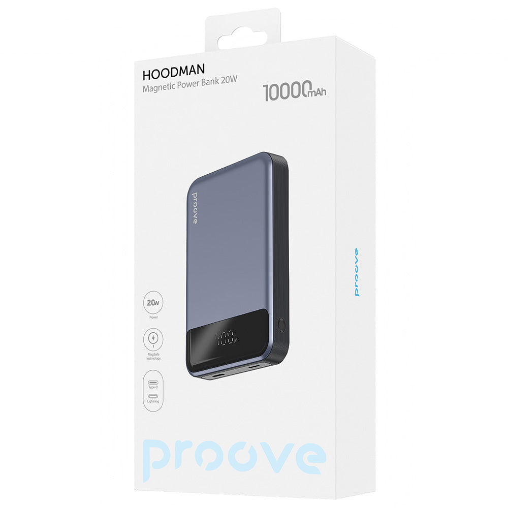 Proove Hoodman Wireless External Battery, 10000mAh, 20W, PD + FQI, 1 x QI - 1 x USB-C, Gray PBH120010003