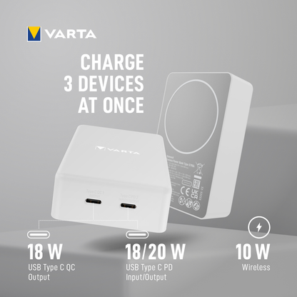 Varta Mag Pro Wireless External Battery, 10000mAh, 20W, 1 x QI - 2 x USB-C, White