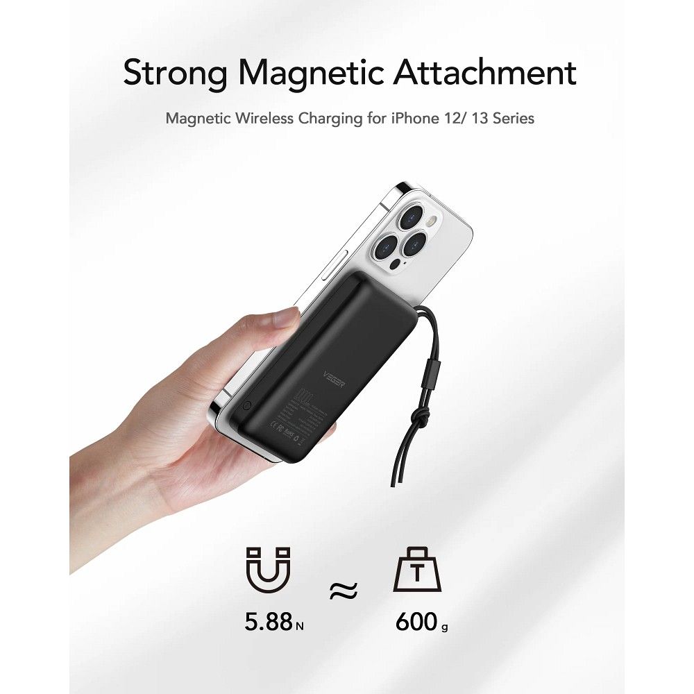 Veger VP1151 / W1151 Wireless External Battery, 10000mAh, 22.5W, QC + PD + FQI, 1 x QI - 1 x USB-A - 1 x USB-C, Black