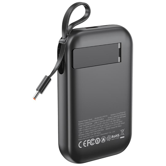 XO Design PR270 Wireless External Battery, 10000mAh, 22.5W, QC + PD + QI, 1 x QI - 1 x USB-A - 1 x USB-C, Black