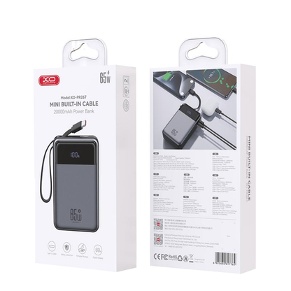 XO Design PR267 External Battery, 20000mAh, 65W, QC + PD, 1 x USB-A - 2 x USB-C, Gray