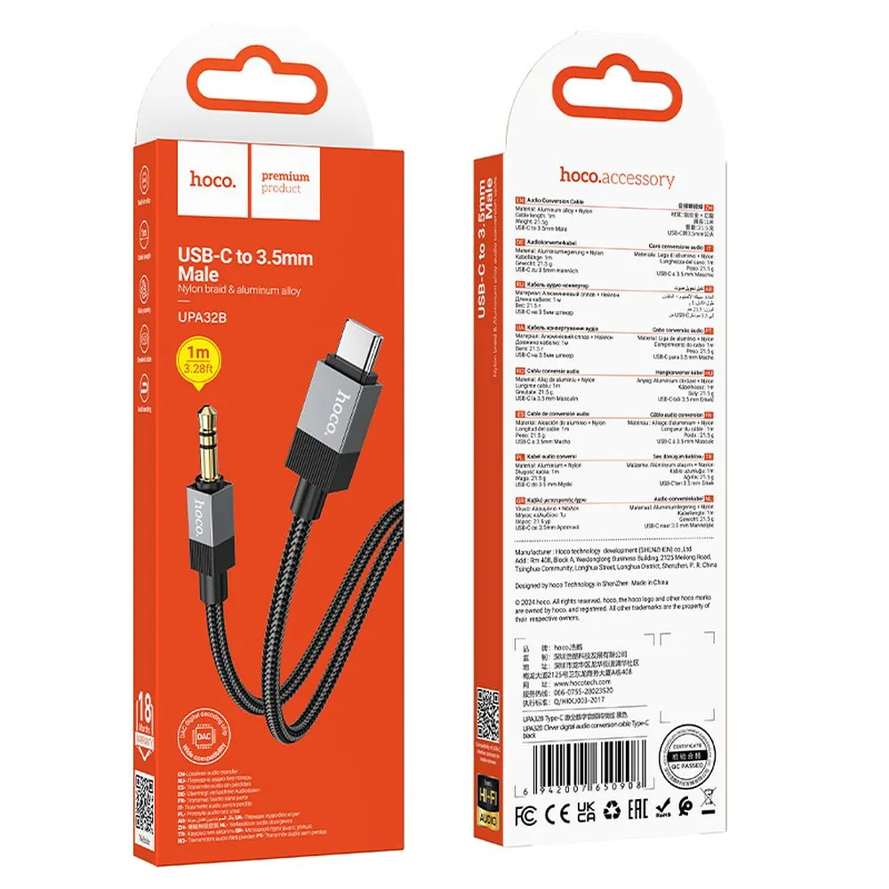 USB-C to 3.5mm Audio Cable HOCO UPA32B, 1m, Black