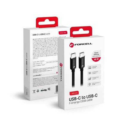 USB-C - USB-C Forcell C338 Data and Charging Cable, 60W, 3m, Black