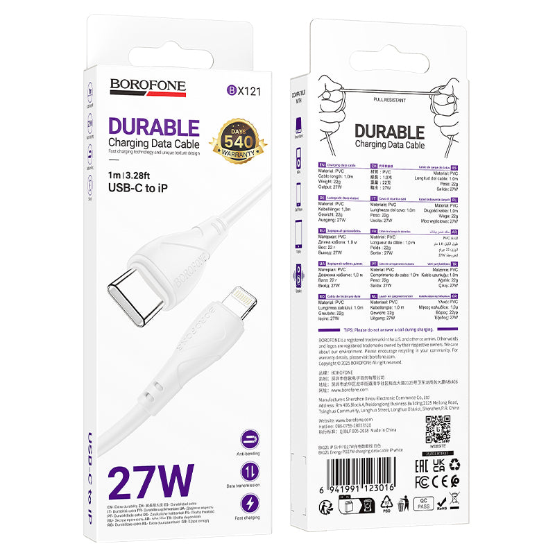USB-C Data and Charging Cable - USB-C Borofone BX121 Energy, 60W, 1m, White