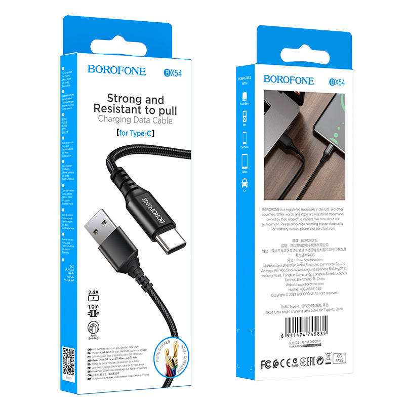 Borofone BX54 Ultra bright USB-A - USB-C Data and Charging Cable, 18W, 1m, Black 