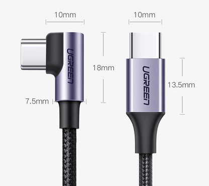 USB Type-C to USB Type-C Data and Charging Cable UGREEN US255, Angled 90, 1 m, 60W, 3A, Gray