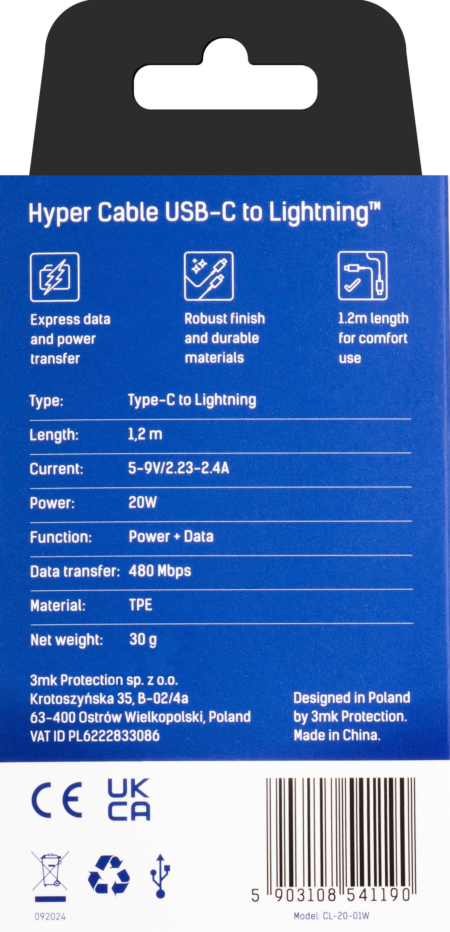 Data and Charging Cable USB-C - Lightning 3MK Hyper, 20W, 1.2m, White