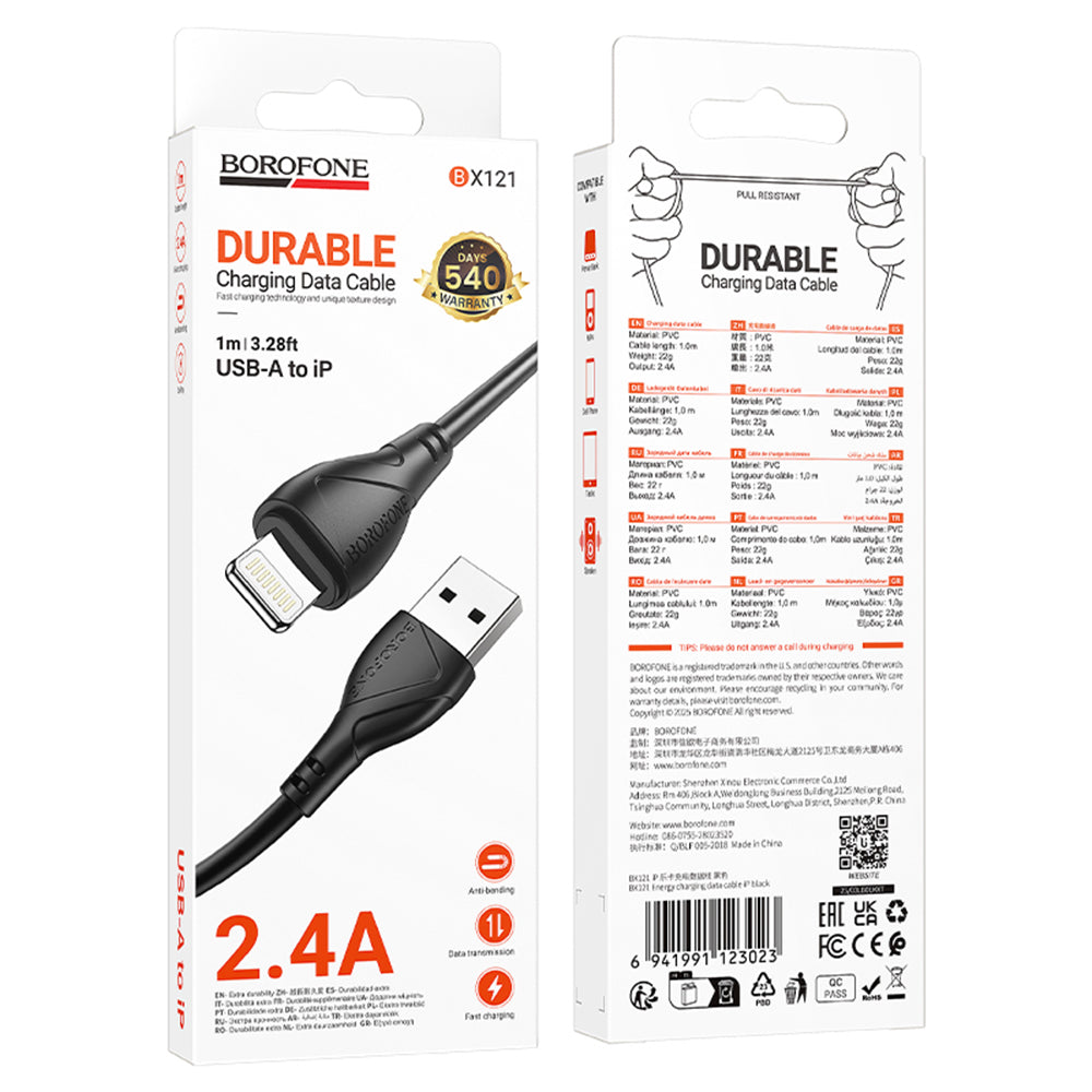 USB-A to Lightning Data and Charging Cable Borofone BX121 Energy, 18W, 1m, Black