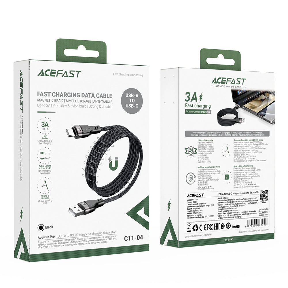 USB-A to USB-C Data and Charging Cable Acefast C11-04, 18W, 1.2m, Black