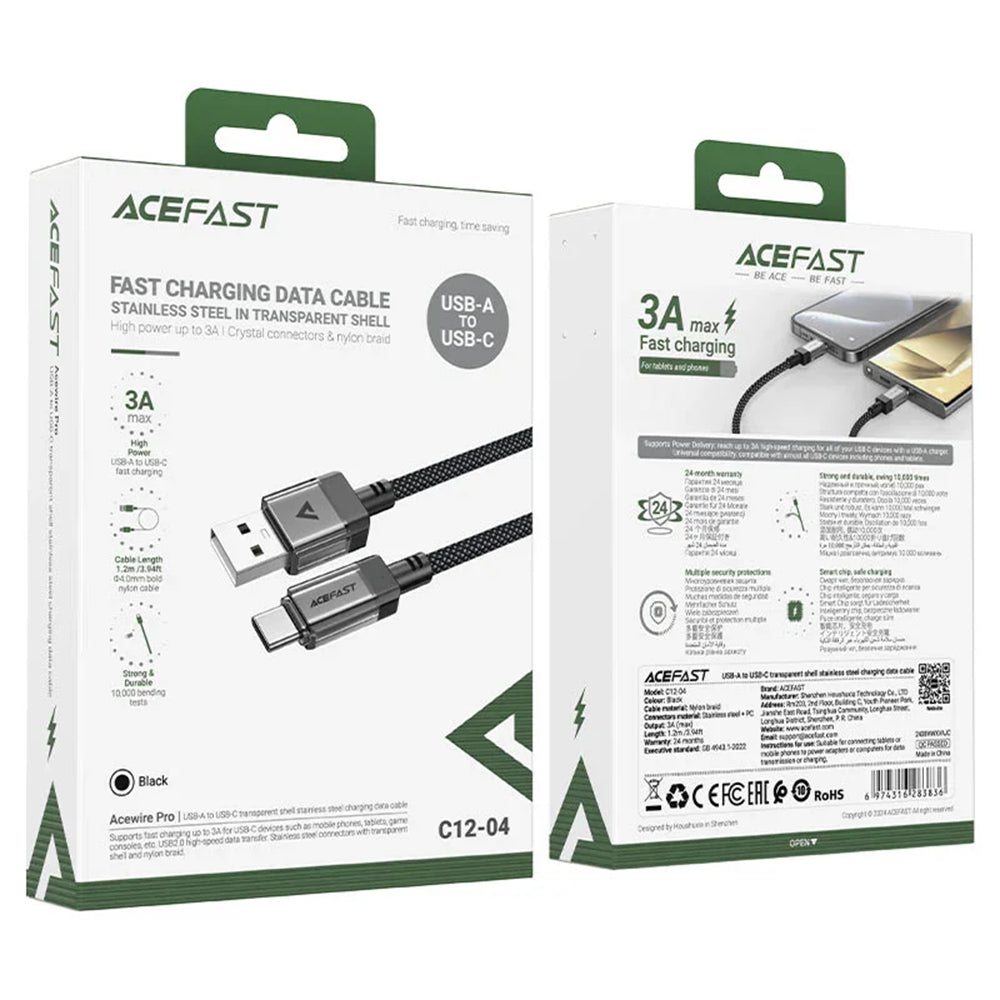 USB-A to USB-C Data and Charging Cable Acefast C12-04, 18W, 1.2m, Black