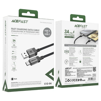 USB-A to USB-C Data and Charging Cable Acefast C12-04, 18W, 1.2m, Black