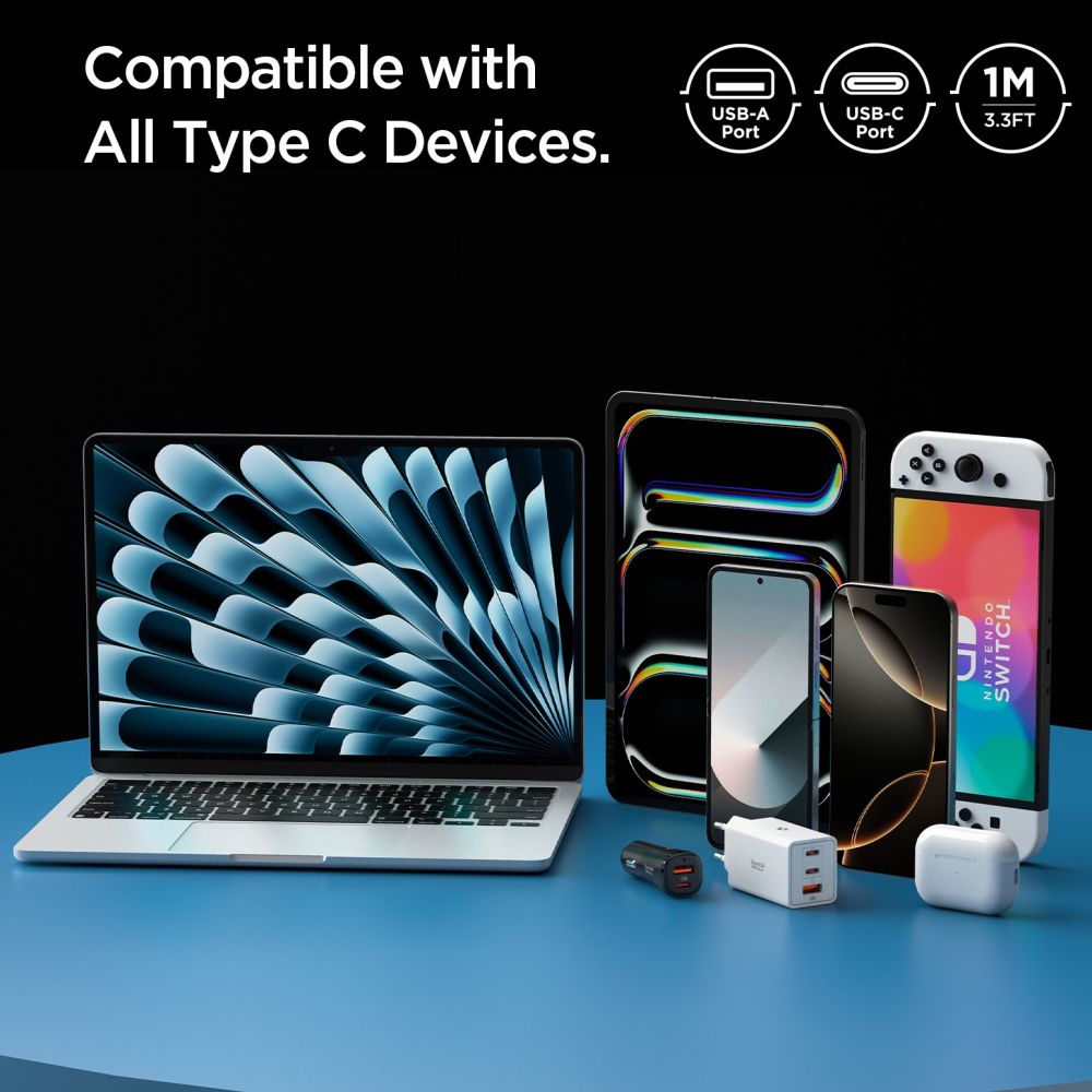 USB-A to USB-C Spigen Essential Data and Charging Cable, 60W, 1m, White