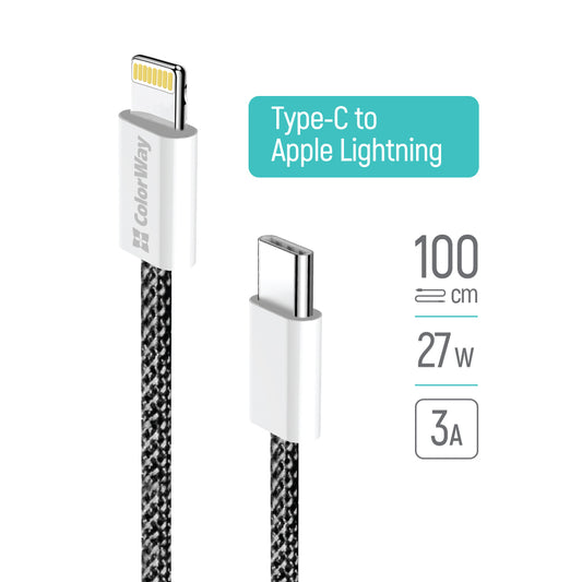USB-C to Lightning Data and Charging Cable ColorWay CW-CBPDCL061, 27W, 1m, Black