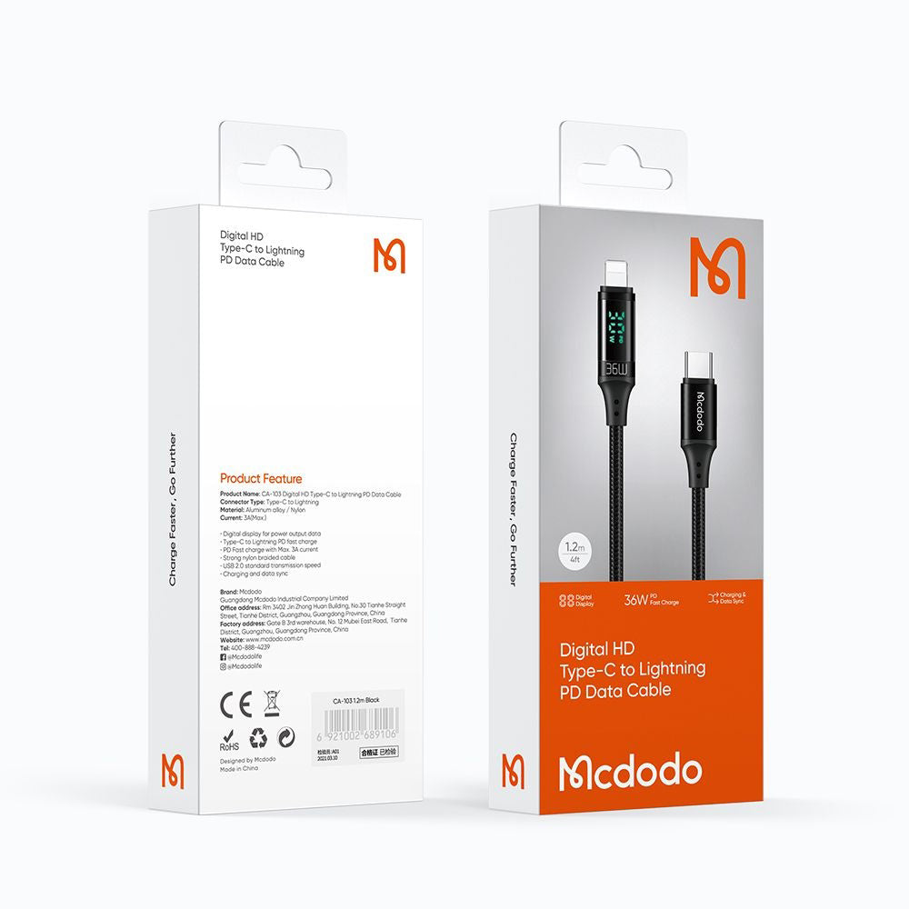 USB-C to Lightning McDodo CA-1030 Data and Charging Cable, 36W, 1.2m, Black